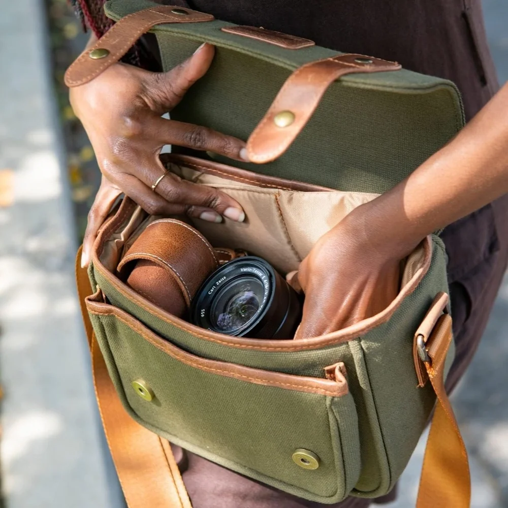 Green Camera Bag with Brown Accents